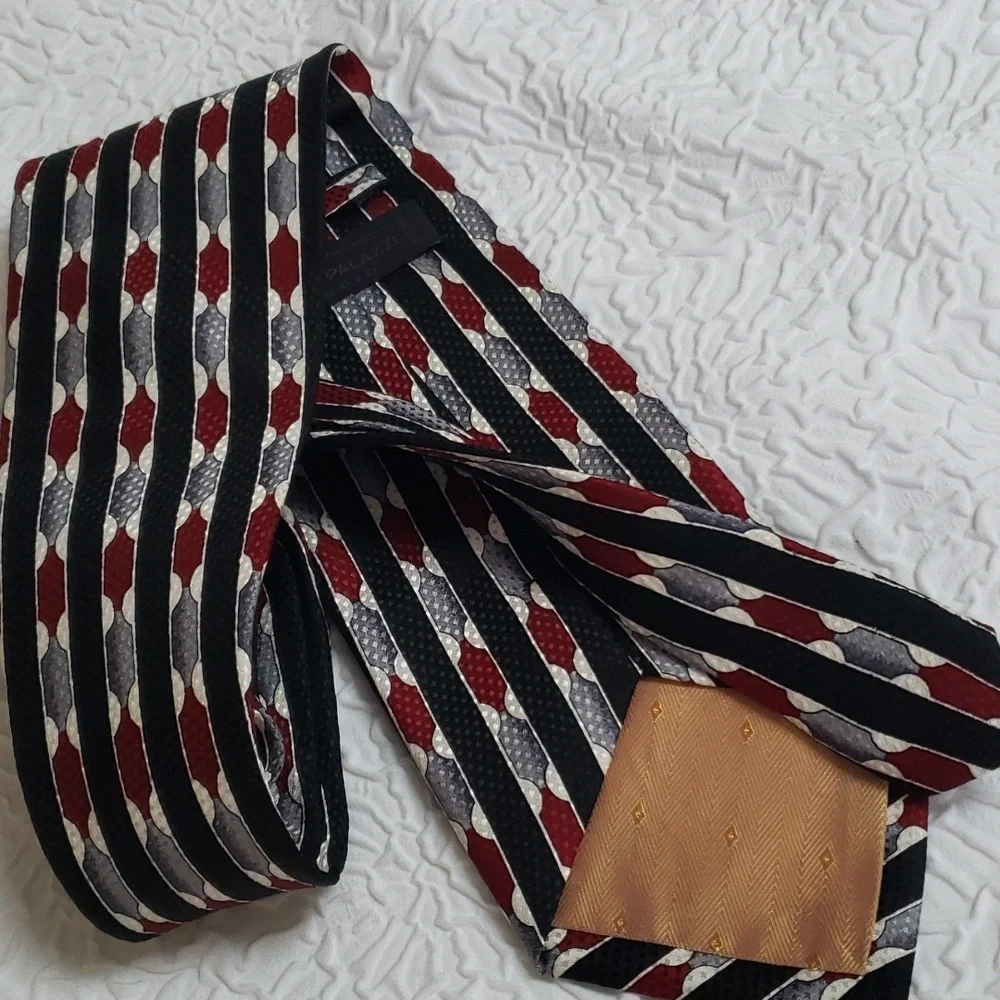 CARLO PALAZZI  100% Silk Hand Made Men's Neck Tie, Black Silver White & Burgundy
